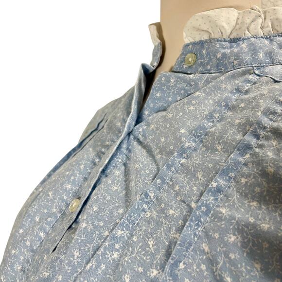 Vintage 80s Blue Top Best Times Floral Ruffle High Neck Smocked Blouse Medium - Picture 9 of 9